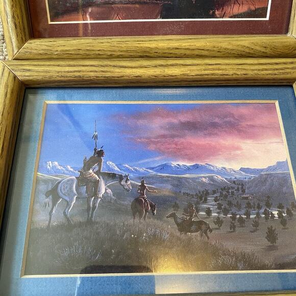 Indian Settlement Art Print Decor Native American Camp Riding Horse Lot Of 2 - Picture 4 of 9